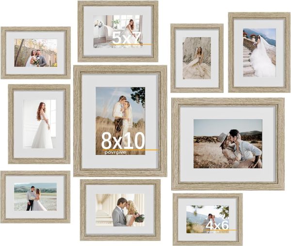 10 Pack Picture Frames Collage Wall Decor - Gallery Wall Frame Set with Mat for Wall Mounting or Tabletop Display, Including Two 8x10, Four 5x7, Four 4x6 Photo Frames, Real Glass