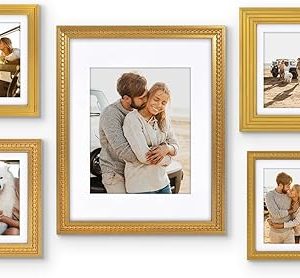 Americanflat Gallery Wall Frame Set of 7 with One 11x14 Frame, Two 8x10 Frames, and Four 5x7 Frames - Antique-Style Picture Frames Collage Wall Decor with Polished Crystal-Clear Glass and Easel - Gold