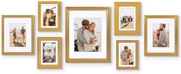 Americanflat Gallery Wall Frame Set of 7 with One 11x14 Frame, Two 8x10 Frames, and Four 5x7 Frames - Antique-Style Picture Frames Collage Wall Decor with Polished Crystal-Clear Glass and Easel - Gold
