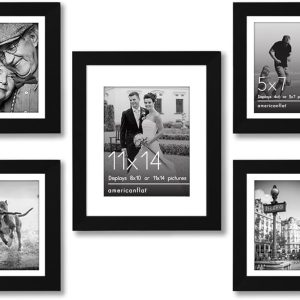 Americanflat 7 Piece Gallery Wall Set - Displays One 11x14, Two 8x10, and Four 5x7 inch photos - Shatter-Resistant Glass - Hanging Hardware Included Black