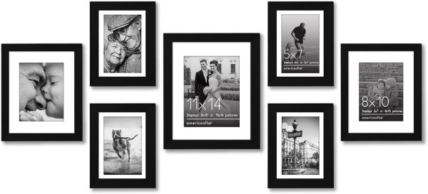 Americanflat 7 Piece Gallery Wall Set - Displays One 11x14, Two 8x10, and Four 5x7 inch photos - Shatter-Resistant Glass - Hanging Hardware Included Black