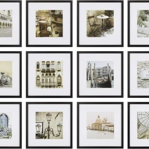 Gallery Perfect - 12-Piece Black Square Photo Frame - Set with Hanging Template - Wall Gallery Kit - 16.5"x10.2"x16.7" - Square Wall Mount - Complete Set - Galley Wall - Picture Frame Set
