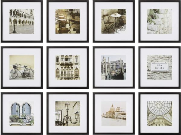 Gallery Perfect - 12-Piece Black Square Photo Frame - Set with Hanging Template - Wall Gallery Kit - 16.5"x10.2"x16.7" - Square Wall Mount - Complete Set - Galley Wall - Picture Frame Set