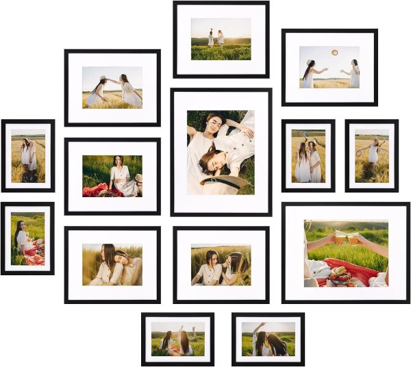 Giftgarden 14 Pack Black Picture Frames with Mat for Various Sizes Photos, Assorted Matted Frame Set Including Two 11x14, Six 8x10, Six 5x7, Gallery Frame Collage for Wall or Tabletop Display