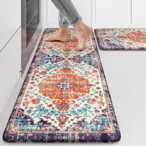 KIMODE Anti Fatigue Kitchen Mat, Boho Vintage Kitchen Rugs Sets of 2, Cushioned Non-Slip Kitchen Mats for Floor, Comfort Kitchen Floor Mats for Sink, Laundry, Desk Orange/Purple,17"x47"+17"x29"