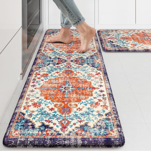 KIMODE Anti Fatigue Kitchen Mat, Boho Vintage Kitchen Rugs Sets of 2, Cushioned Non-Slip Kitchen Mats for Floor, Comfort Kitchen Floor Mats for Sink, Laundry, Desk Orange/Purple,17"x47"+17"x29"