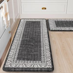 LEEVAN Kitchen Rugs Non Slip, Cushioned Kitchen Floor Mats Set of 2, Black Anti-Fatigue Kitchen Mat Waterproof, Ergonomic Memory Foam Standing Mat for Bar,Office,Desk,Laundry